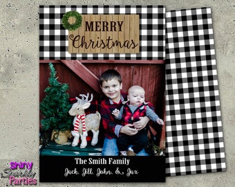 RUSTIC CHRISTMAS Photo CARD, Buffalo Check Holiday Card, Black and White Plaid Photo Card, Buffalo Plaid Christmas Card, Printable Card,