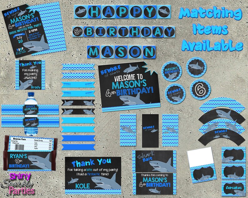 May include: A set of printable party decorations for a shark-themed birthday party. The decorations include invitations, thank you cards, cupcake toppers, water bottle labels, and a welcome sign. The decorations feature a blue and black color scheme with images of sharks.