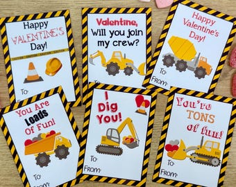 CONSTRUCTION VALENTINE CARDS - Boys Valentine's Day Cards - Diy Valentine Cards - Dump Truck Bulldozer Valentine Cards - School, Students
