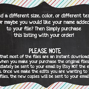 May include: A chalkboard-style graphic with white text on a black background. The text offers customization options for size, color, or text, and mentions instant downloads. The background has a colorful striped pattern.