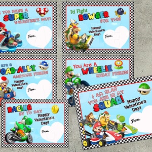 May include: Six Valentine's Day cards with Mario characters. Each card has a different message, including "Hope you have a Super Valentine's Day!" and "I'd Fight Bowser for You!" with a heart-shaped space for a message. Cards have a checkered border.