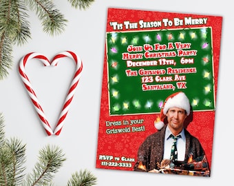May include: A Christmas party invitation featuring a red background with white snowflakes, a green border with a string of colorful lights, and a photo of actor Chevy Chase dressed as Clark Griswold from the movie 'National Lampoon's Christmas Vacation'. The text reads 'Tis the Season to Be Merry' and includes details about the party, including the date, time, location, and dress code.