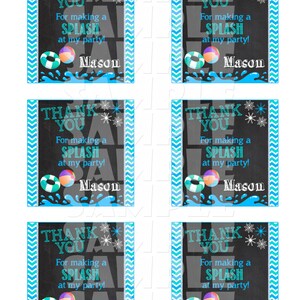 May include: Six blue and white chevron patterned thank you favor tags with a chalkboard background. The text on the tags reads "Thank You for making a Splash at my party!" with the name "Mason" at the bottom. The tags feature a blue and green pool float and a beach ball.