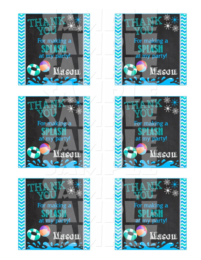 May include: Six blue and white chevron patterned thank you favor tags with a chalkboard background. The text on the tags reads "Thank You for making a Splash at my party!" with the name "Mason" at the bottom. The tags feature a blue and green pool float and a beach ball.