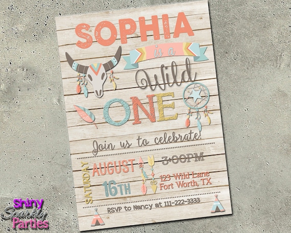 WILD ONE BIRTHDAY Invitation - Boho Invitation - First Birthday Girl - Dream Catcher Invitation - Bull Horn - Gypsy Tribal Invite "Wild One"