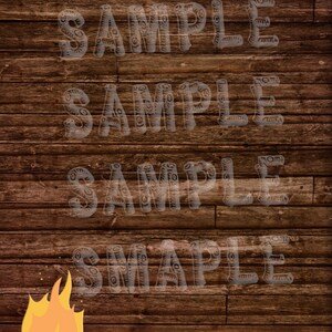 May include: A rustic wooden background with the word "SAMPLE" repeated multiple times in a faded, decorative font. A cartoon campfire with orange and yellow flames and wooden logs is in the lower left corner.
