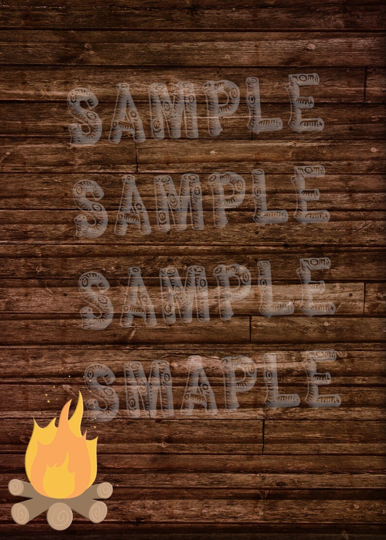 May include: A rustic wooden background with the word "SAMPLE" repeated multiple times in a faded, decorative font. A cartoon campfire with orange and yellow flames and wooden logs is in the lower left corner.