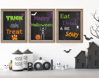 HALLOWEEN DECORATIONS, Halloween Art Prints, Fall Decorations, Trick or Treat, Eat Drink and Be Scary, Halloween Printables, DIY, Chalk,