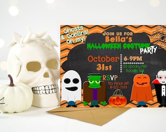 HALLOWEEN COSTUME PARTY Invitation, Halloween Party Invites, Halloween Birthday, Costume Party Invite, Chalkboard, Pumpkin, Ghost, dress up