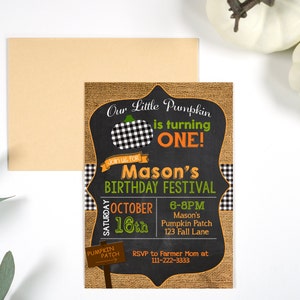 PUMPKIN PATCH INVITATION, Pumpkin Birthday Invite, Little Pumpkin, Fall Birthday, Burlap and Buffalo Check, Buffalo Plaid Orange Black White