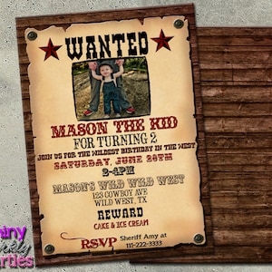 WANTED POSTER INVITATION, Western Birthday Invitation, Cowboy Party Invite, Old Timey Poster Invitation, Wild Wild West Party, Cowboys image 1