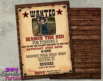WANTED POSTER INVITATION, Western Birthday Invitation, Cowboy Party Invite, Old Timey Poster Invitation, Wild Wild West Party, Cowboys