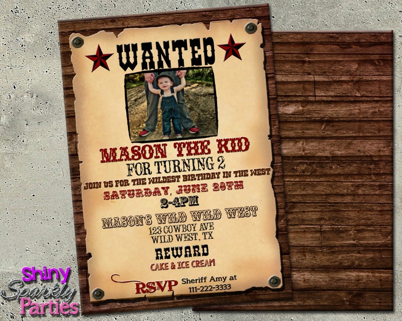 WANTED POSTER INVITATION, Western Birthday Invitation, Cowboy Party Invite, Old Timey Poster Invitation, Wild Wild West Party, Cowboys image 1