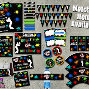 Puede incluir: Un conjunto de decoraciones de fiesta imprimibles para una fiesta de cumplea&ntilde;os con tem&aacute;tica de paintball. El conjunto incluye invitaciones, adornos para cupcakes, etiquetas para botellas de agua y pancartas. Las decoraciones presentan un fondo negro con salpicaduras de pintura de colores y una silueta de una persona sosteniendo una pistola de paintball.