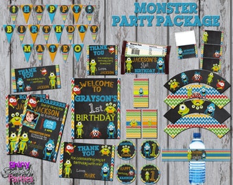 May include: A collection of monster-themed party decorations, including banners, invitations, cupcake wrappers, and water bottle labels. The designs feature colorful cartoon monsters and text such as "Happy Birthday" and personalized names. The color scheme includes blue, yellow, and green.