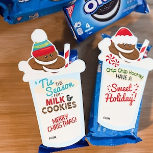 Etykieta świąteczna Milk & Cookies, Etykieta świąteczna Cookie, Wydruki świąteczne Milk and Cookies na Chips Ahoy lub Oreo, Pomysł na prezent do klasy, Dzieci,