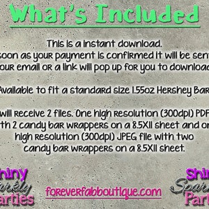 May include: A digital download graphic with the text "What's Included" in green. The text describes the instant download, including the file types and Hershey bar size compatibility. The graphic includes the website foreverfabboutique.com.
