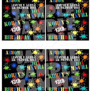 Puede incluir: Cuatro etiquetas de agradecimiento en blanco y negro con salpicaduras de pintura de colores. El texto en las etiquetas dice "&iexcl;Gracias por hacer de mi fiesta un &eacute;xito! Korey's 13th Birthday".