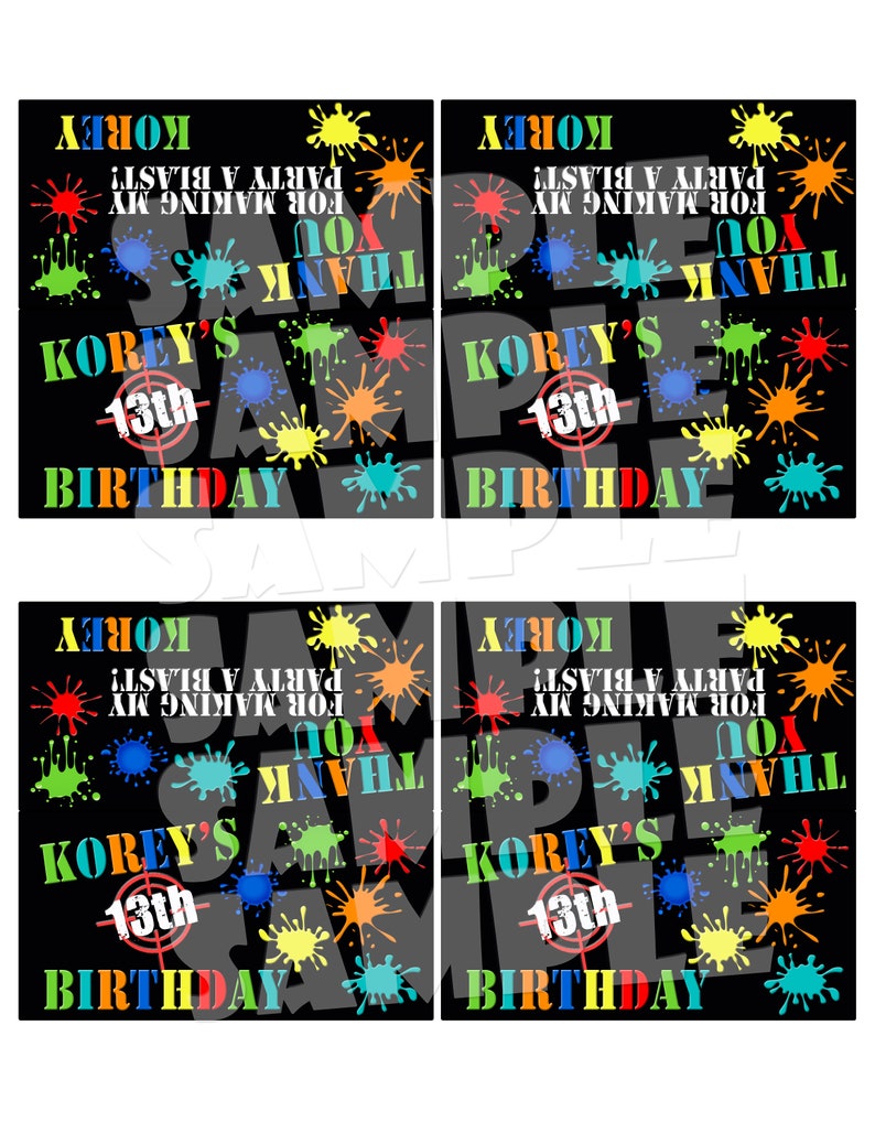 Puede incluir: Cuatro etiquetas de agradecimiento en blanco y negro con salpicaduras de pintura de colores. El texto en las etiquetas dice "&iexcl;Gracias por hacer de mi fiesta un &eacute;xito! Korey's 13th Birthday".