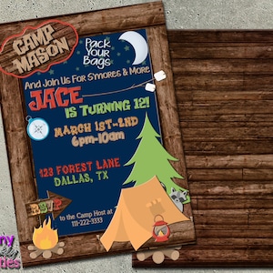 May include: A rustic invitation for a camping-themed birthday party. The design features a wooden frame with text that reads "Camp Mason" and "Jace is turning 12!" The invitation includes a compass, tent, campfire, and a raccoon.
