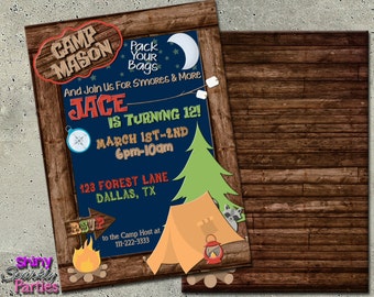 CAMPING BIRTHDAY INVITATION, Camping Sleepover Invitation, Camping Party Invite, Camp In Invitation, Outdoor Birthday, lake party, tent,