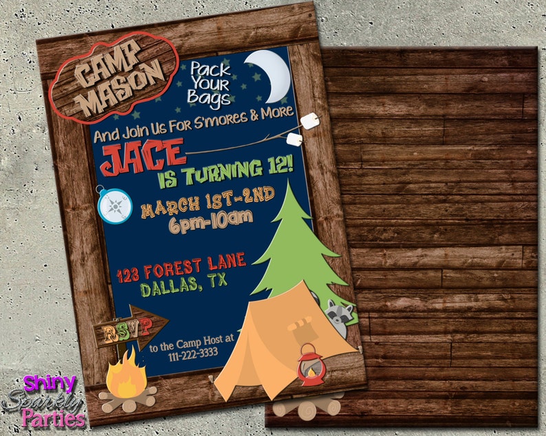 May include: A rustic invitation for a camping-themed birthday party. The design features a wooden frame with text that reads "Camp Mason" and "Jace is turning 12!" The invitation includes a compass, tent, campfire, and a raccoon.