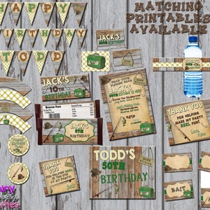 May include: A set of printable party decorations for a fishing themed birthday party. The decorations include banners, cupcake toppers, water bottle labels, thank you tags, and invitations. The colors are green, brown, and yellow.