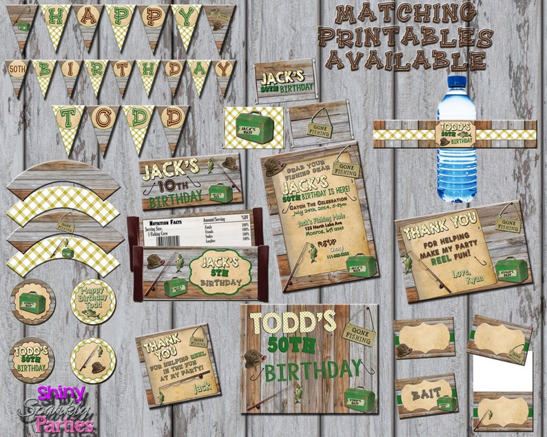 May include: A set of printable party decorations for a fishing themed birthday party. The decorations include banners, cupcake toppers, water bottle labels, thank you tags, and invitations. The colors are green, brown, and yellow.