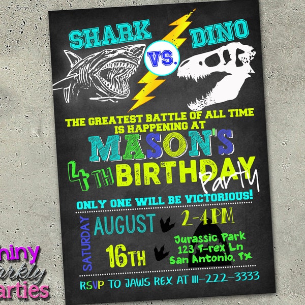 SHARK And DINOSAUR INVITATION, Shark Birthday Invitation, Dinosaur Party Invite, Shark Vs. Dino, Sharks and Dinosaurs, Shark Party, Pool