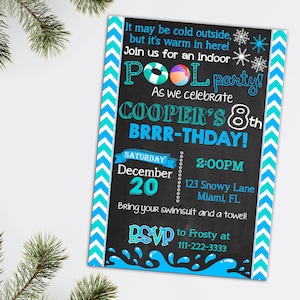 Winter Pool Party Invitation • Printable Indoor Pool Birthday Invite • Holiday Season Pool Party Invite Chalkboard Pool Birthday Invitation