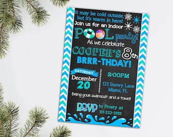 Winter Pool Party Invitation • Printable Indoor Pool Birthday Invite • Holiday Season Pool Party Invite Chalkboard Pool Birthday Invitation