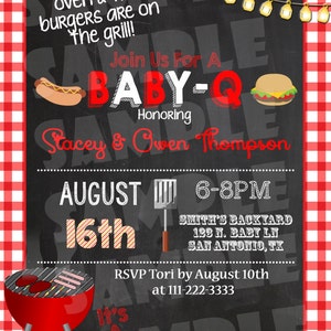 May include: A red and white checked background with a black chalkboard announcing a baby shower. The text reads "Join Us For A Baby-Q Honoring Stacey & Owen Thompson August 16th 6-8PM Smith's Backyard 135 N. Baby Ln San Antonio, TX RSVP Tori by August 10th at 111-222-3333 It's A Boy! Registered at Babies R Us".