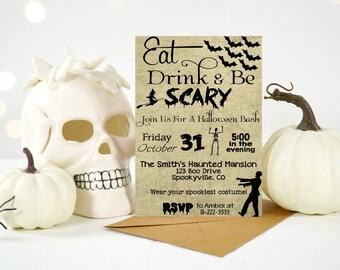 HALLOWEEN PARTY INVITATION, Eat Drink & Be Scary Invitation, Costume Party Invite, Halloween Birthday, Spooky Halloween Bash, Mummies, Bats