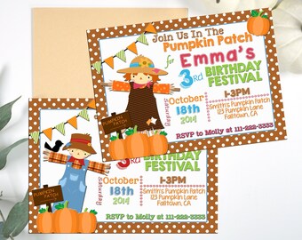 May include: A brown and white polka dot invitation with a scarecrow and pumpkins. The invitation is for Emma's 3rd birthday festival at Smith's Pumpkin Patch on October 18th, 2014 from 1-3PM. The address is 123 Pumpkin Lane, Falltown, CA. RSVP to Molly at 111-222-3888.