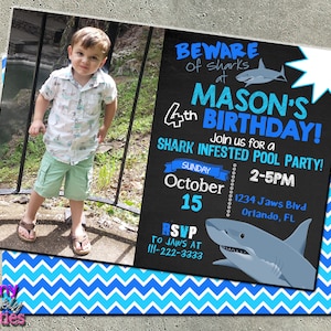 SHARK INVITATION with Custom Picture, Shark BIRTHDAY Invite, Shark Infested Party, Shark Chalkboard Invite, Shark Pool Party, Sharks Blue