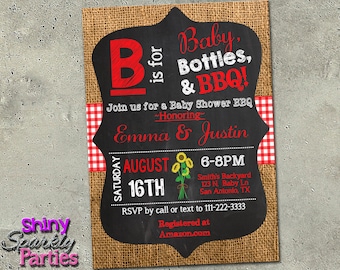 BABYQ Shower Invitation, BBQ Baby Shower Invite, B is For Baby Shower, Red Gingham and Burlap Shower, Baby-Q, Co-ed, Barbecue Couples Shower
