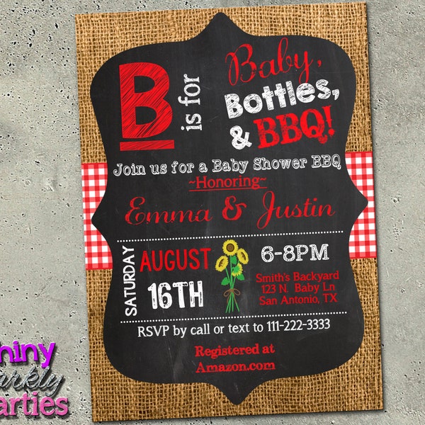 BABYQ Shower Invitation, BBQ Baby Shower Invite, B is For Baby Shower, Red Gingham and Burlap Shower, Baby-Q, Co-ed, Barbecue Couples Shower