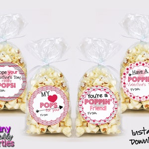 POPCORN VALENTINE Tags Classroom Valentines  Popcorn Valentines School Valentine Cards DIY printable Valentine Popcorn stickers labels