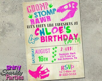 GIRLS DINOSAUR INVITATION, Dinosaur Invitation for Girls, Jurassic Girl Party Invite, Pink Dinosaur Invite, Dino Birthday Dino Fossils Girly