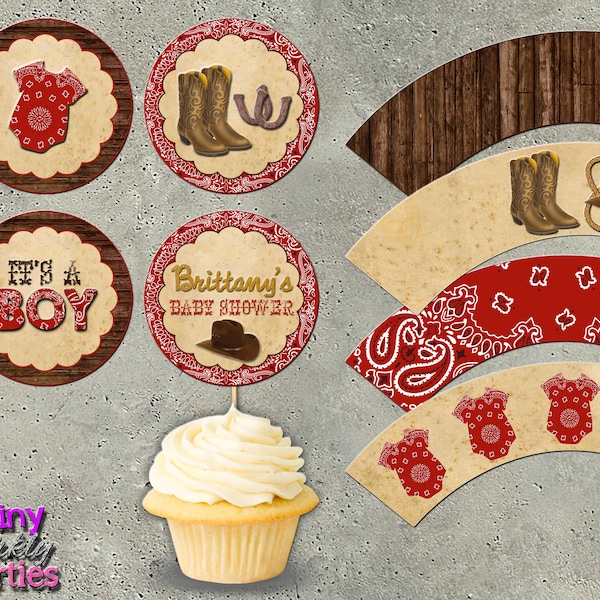 COWBOY CUPCAKE TOPPERS and Cupcake Wrappers - Western Baby Shower, Wild West Birthday, Cowboy Shower, Baby Cowboy, Western, Texas,