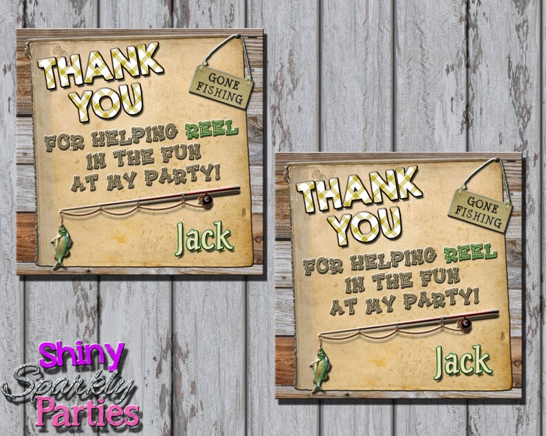 May include: Two thank you cards with a fishing theme. The cards are brown with a yellow and green plaid pattern. The text on the cards reads "Thank You for helping reel in the fun at my party!" with the name "Jack" at the bottom. The cards have a small sign that says "Gone Fishing".