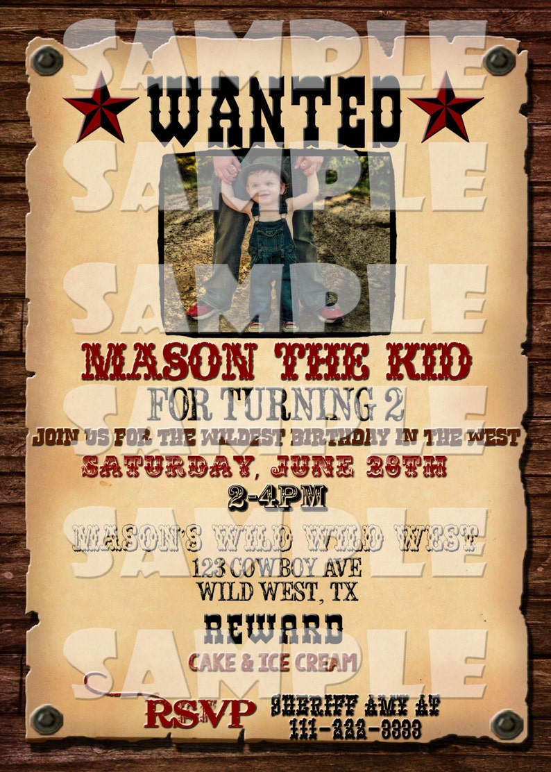 WANTED POSTER INVITATION, Western Birthday Invitation, Cowboy Party Invite, Old Timey Poster Invitation, Wild Wild West Party, Cowboys image 4