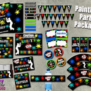 PAINTBALL PARTY PACKAGE Printable, Paintball Invitation, Splattered Paint Party Pack, paintball party decor, teen boys birthday,  Diy