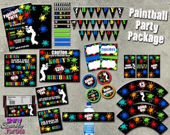 PAKIET NA IMPREZĘ PAINTBALL Do druku, zaproszenie na paintball, pakiet na imprezę z rozpryskaną farbą, dekoracje na imprezę paintball, urodziny nastoletnich chłopców, zrób to sam