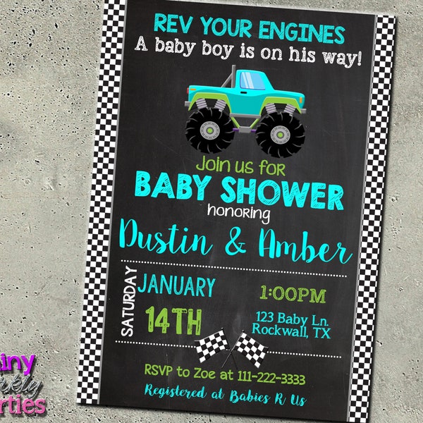 MONSTER TRUCK BABY Shower Invitation, Truck Baby Shower, Boy Baby Shower, Couples Shower, Coed Shower, Race Car, Chalkboard Invite, Trucks,