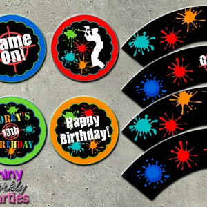 PAINTBALL CUPCAKE TOPPERS and Cupcake Wrappers - Paintball Party - Paintball Birthday Party Decor - Paintball Tags - Paintball Signs