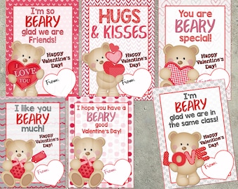 TEDDY BEAR VALENTINE Cards - Classroom Valentines, Bear Valentine Card, Valentine's Day Cards, Kids V-day Cards, I like You Beary Much, diy