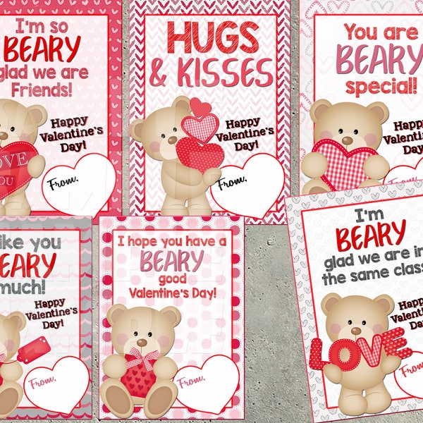 TEDDY BEAR VALENTINE Cards - Classroom Valentines, Bear Valentine Card, Valentine's Day Cards, Kids V-day Cards, I like You Beary Much, diy