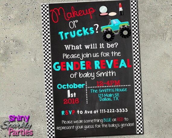 gender reveal party invitation makeup or trucks gender reveal party ideas gender reveal invite boy or girl gender shower monster truck gender reveal party invitations