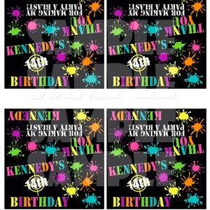 Puede incluir: Cuatro etiquetas de regalo de fiesta imprimibles en blanco y negro con salpicaduras de pintura verde ne&oacute;n, rosa, amarillo, azul y naranja. El texto en las etiquetas dice "&iexcl;Gracias por hacer de mi fiesta un &eacute;xito! Kennedy's 14th Birthday".
